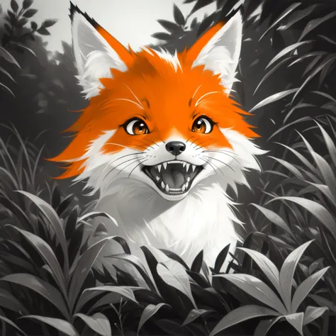 (masterpiece, best quality:1.2), (monochrome, spot color:1.11), (fox:1.05), orange fur, plant, bush, tree, grass, outdoors, cute, close-up, looking at viewer, open mouth, fangs, teeth, smile, animal ears, black eyes, happy