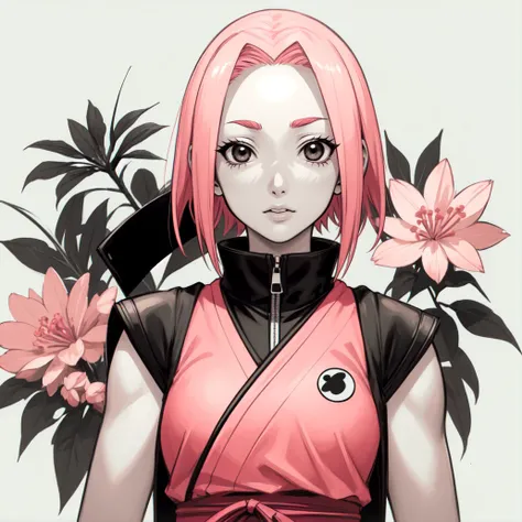 (masterpiece, best quality:1.2), (monochrome, spot color:1.11), sakura haruno, short hair, ninja outfit, (black eyes, pink hair:1.1), forehead protector