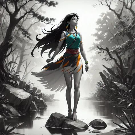 (masterpiece, best quality:1.2), (monochrome, spot color:1.2), 1girl, solo, (pocahontas:1.1), from disney's pocahontas, (colorful:1.1), black hair, long hair, native american, fringed dress, necklace, barefoot, black eyes, outdoors, tree, grass, plant, rock, colors of the wind