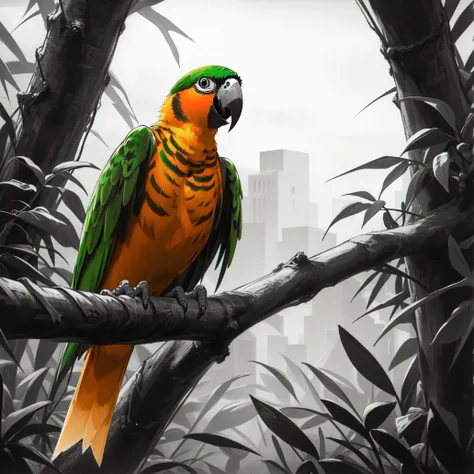 (masterpiece, best quality:1.2), (monochrome, spot color:1.08), bird, parrot, (orange feathers:1.06), no humans, animal focus, solo, beak, sky
