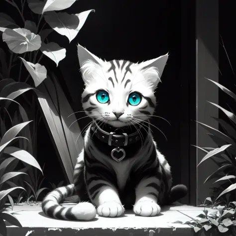 (masterpiece, best quality:1.2), (monochrome, spot color:1.11), cat, solo, kitten, cute, aqua eyes, animal, no humans, collar, fur, sitting, looking at viewer
