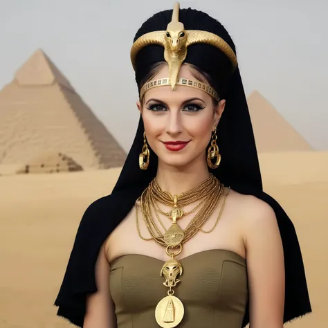 Photo of (ohwx woman) <lora:HayleyWilliams:1> as an Egyptian queen, serpent headdress, golden serpent jewelry. pyramids, Egypt