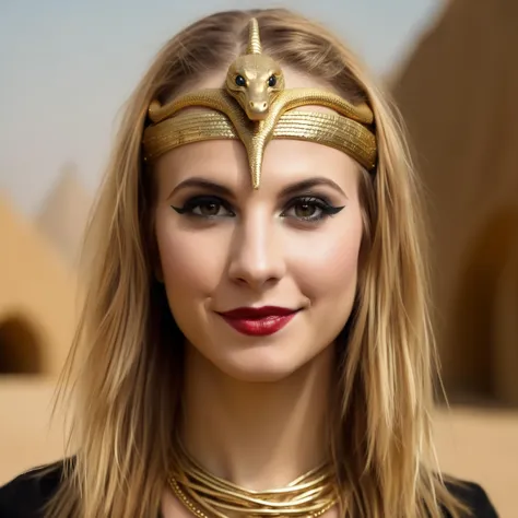 Photo of (ohwx woman) <lora:HayleyWilliams:1> as an Egyptian queen, serpent headdress, golden serpent jewelry. pyramids, Egypt