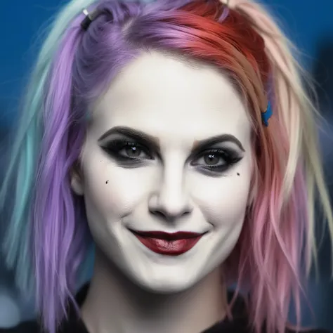 A stunning intricate full color up close portrait of lga , dressed as harley quinn, epic character composition, by ilya kuvshinov, alessio albi, nina masic, sharp focus, natural lighting, subsurface scattering, f2, 35mm,<lora:LadyGaga-RealVision-V1.0:1>