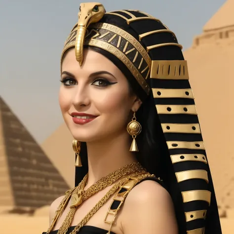 Photo of (ohwx woman) <lora:HayleyWilliams:1> as an Egyptian queen, serpent headdress, golden serpent jewelry. pyramids, Egypt