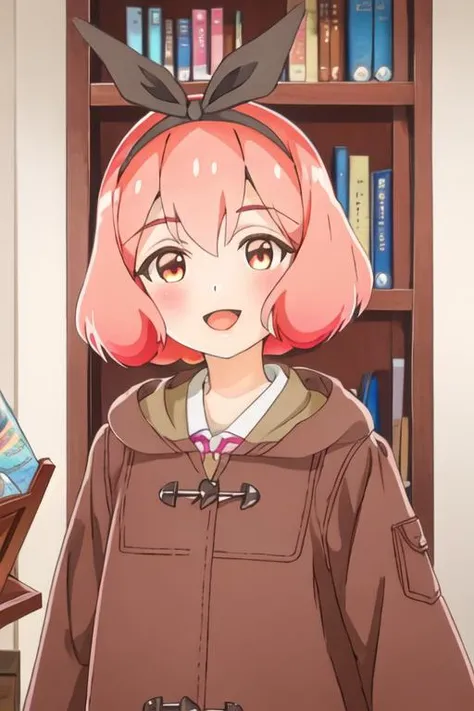 best quality, masterpiece, highres, solo, {koshiba_mai_watashinoyuriwaoshigotodesu:1.15}, pink_hair, short_hair, hairband, ribbon, hair_ribbon, smile, bangs, black_ribbon, blush, open_mouth, brown_eyes, 1girl, bookshelf, coat, upper_body