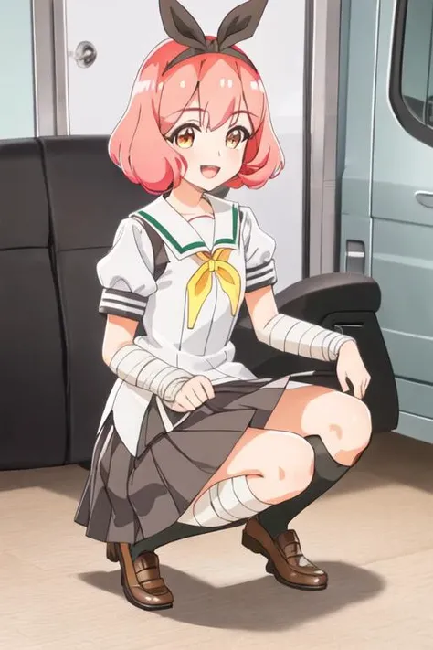 best quality, masterpiece, highres, solo, {koshiba_mai_watashinoyuriwaoshigotodesu:1.15}, pink_hair, short_hair, hairband, ribbon, hair_ribbon, smile, bangs, black_ribbon, blush, open_mouth, brown_eyes, 1girl, green_shirt, sailor_collar, school_uniform, looking_at_viewer, yellow_neckerchief, skirt, :d, brown_footwear, grey_skirt, shoes