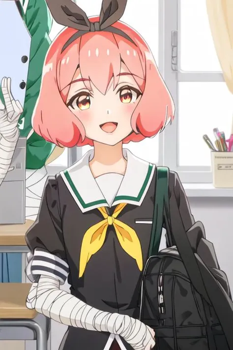 best quality, masterpiece, highres, solo, {koshiba_mai_watashinoyuriwaoshigotodesu:1.15}, pink_hair, short_hair, hairband, ribbon, hair_ribbon, smile, bangs, black_ribbon, blush, open_mouth, brown_eyes, 1girl, school_uniform, bandages, sailor_collar, upper_body, yellow_neckerchief, green_shirt, white_sailor_collar, black_hairband, neckerchief, shirt, :d, bandaged_arm, looking_at_viewer