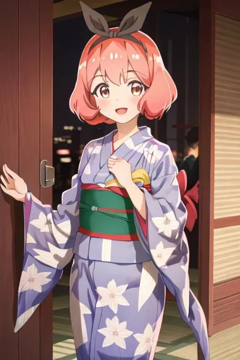 best quality, masterpiece, highres, solo, {yukata:1.40}, {kimono:1.20}, {koshiba_mai_watashinoyuriwaoshigotodesu:1.15}, pink_hair, short_hair, hairband, ribbon, hair_ribbon, smile, bangs, black_ribbon, blush, open_mouth, brown_eyes