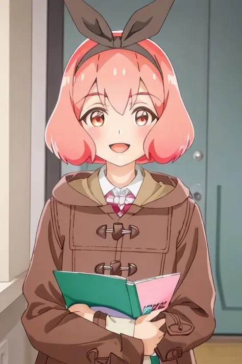 best quality, masterpiece, highres, solo, {koshiba_mai_watashinoyuriwaoshigotodesu:1.15}, pink_hair, short_hair, hairband, ribbon, hair_ribbon, smile, bangs, black_ribbon, blush, open_mouth, brown_eyes, brown_coat, coat, hair_between_eyes, looking_at_viewer, 1girl, upper_body, shirt, :d, long_sleeves