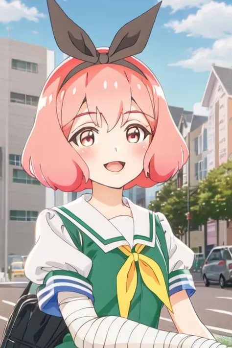 best quality, masterpiece, highres, solo, {koshiba_mai_watashinoyuriwaoshigotodesu:1.15}, pink_hair, short_hair, hairband, ribbon, hair_ribbon, smile, bangs, black_ribbon, blush, open_mouth, brown_eyes, 1girl, blue_sky, cloud, day, school_uniform, sky, long_sleeves, outdoors, sailor_collar, upper_body, closed_mouth, pink_eyes, neckerchief