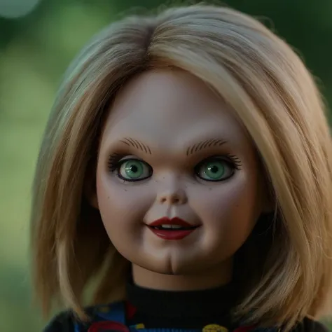 cinematic film still of <lora:Chucky:1>
Chucky,,antagonist,Horror,serial killer,doll,animatronic,a creepy doll with a black collar and a choke,1girl,solo,long hair,looking at viewer,blonde hair,green eyes,parted lips,teeth,choker,blurry,lips,makeup,blurry background,black choker,lipstick,portrait,realistic,black lips, shallow depth of field, vignette, highly detailed, high budget, bokeh, cinemascope, moody, epic, gorgeous, film grain, grainy