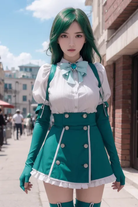 sayominakami, <lora:sayo minakami-lora-nochekaiser:1>,
sayo minakami, long hair, (brown eyes:1.5), bow, hair bow, (green hair:1.5), ((Standing with one arm extended)),
BREAK skirt, gloves, boots, elbow gloves, magical girl, blue gloves, large breasts,
BREAK outdoors, city, sky, sun, clouds,
BREAK looking at viewer, (cowboy shot:1.5),
BREAK <lyco:GoodHands-beta2:1>, (masterpiece:1.2), best quality, high resolution, unity 8k wallpaper, (illustration:0.8), (beautiful detailed eyes:1.6), extremely detailed face, perfect lighting, extremely detailed CG, (perfect hands, perfect anatomy), 1girl,, <lora:20240109-1704774565898:0.3>