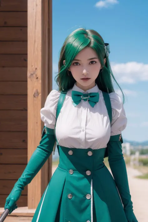 sayominakami, <lora:sayo minakami-lora-nochekaiser:1>,
sayo minakami, long hair, (brown eyes:1.5), bow, hair bow, (green hair:1.5), ((Standing, making a 'stuck out tongue' face)),
BREAK skirt, gloves, boots, elbow gloves, magical girl, blue gloves, large breasts,
BREAK outdoors, city, sky, sun, clouds,
BREAK looking at viewer, (cowboy shot:1.5),
BREAK <lyco:GoodHands-beta2:1>, (masterpiece:1.2), best quality, high resolution, unity 8k wallpaper, (illustration:0.8), (beautiful detailed eyes:1.6), extremely detailed face, perfect lighting, extremely detailed CG, (perfect hands, perfect anatomy), 1girl,, <lora:20240109-1704774565898:0.3>