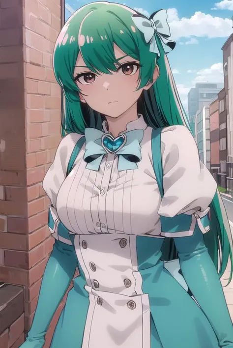 sayominakami, <lora:sayo minakami-lora-nochekaiser:1>,
sayo minakami, long hair, (brown eyes:1.5), bow, hair bow, (green hair:1.5),
BREAK skirt, gloves, boots, elbow gloves, magical girl, blue gloves,
BREAK outdoors, city, sky, sun, clouds,
BREAK looking at viewer, (cowboy shot:1.5),
BREAK <lyco:GoodHands-beta2:1>, (masterpiece:1.2), best quality, high resolution, unity 8k wallpaper, (illustration:0.8), (beautiful detailed eyes:1.6), extremely detailed face, perfect lighting, extremely detailed CG, (perfect hands, perfect anatomy),