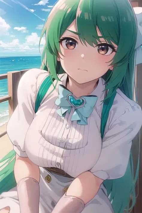 (masterpiece)、(absurdres)、(ultra detailed)、(shiny dark green hair)、(solo girl)、(dark green eyeiddle breast:0.9、(straight long hair、BREAK,(off shoulder colorful jacket,white bikini),BREAK,sunglasses on a head、half-closed eyes,from front,Pouting、southern Island beach、blush,Starry Sky、moonlight,