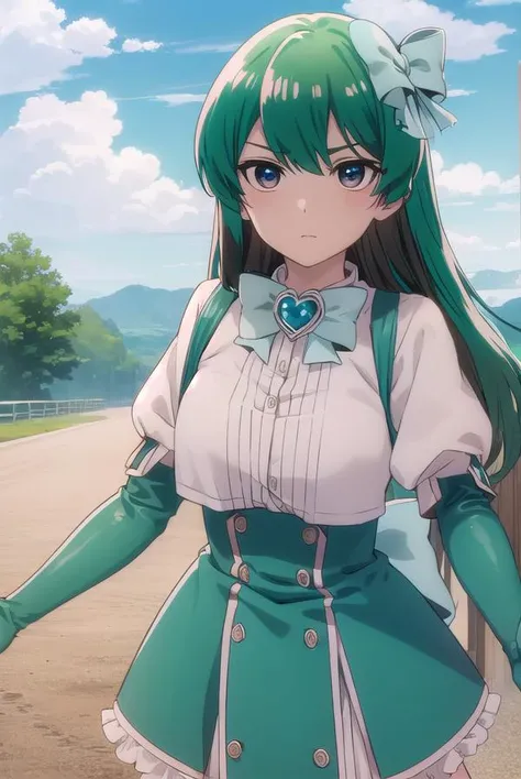 sayominakami, <lora:sayo minakami-lora-nochekaiser:1>,
sayo minakami, long hair, (brown eyes:1.5), bow, hair bow, (green hair:1.5),
BREAK skirt, gloves, boots, elbow gloves, magical girl, blue gloves,
BREAK outdoors, city, sky, sun, clouds,
BREAK looking at viewer, (cowboy shot:1.5),
BREAK <lyco:GoodHands-beta2:1>, (masterpiece:1.2), best quality, high resolution, unity 8k wallpaper, (illustration:0.8), (beautiful detailed eyes:1.6), extremely detailed face, perfect lighting, extremely detailed CG, (perfect hands, perfect anatomy),