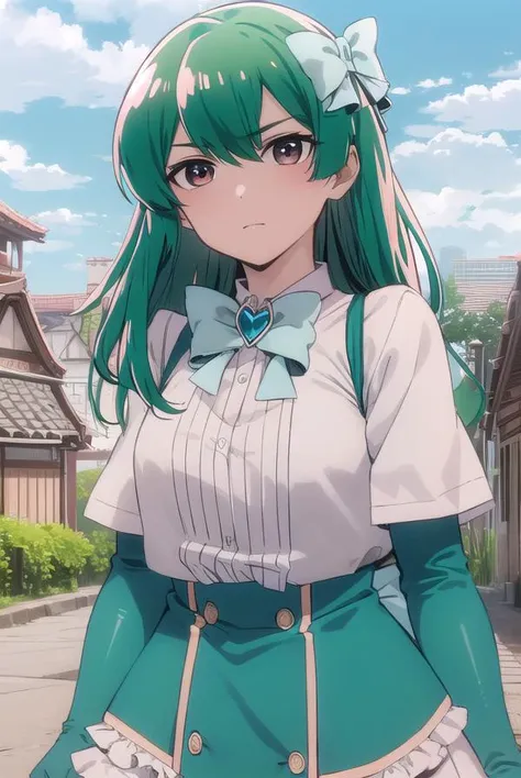 sayominakami, <lora:sayo minakami-lora-nochekaiser:1>,
sayo minakami, long hair, (brown eyes:1.5), bow, hair bow, (green hair:1.5),
BREAK skirt, gloves, boots, elbow gloves, magical girl, blue gloves,
BREAK outdoors, city, sky, sun, clouds,
BREAK looking at viewer, (cowboy shot:1.5),
BREAK <lyco:GoodHands-beta2:1>, (masterpiece:1.2), best quality, high resolution, unity 8k wallpaper, (illustration:0.8), (beautiful detailed eyes:1.6), extremely detailed face, perfect lighting, extremely detailed CG, (perfect hands, perfect anatomy),