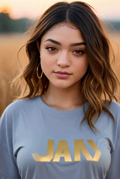 best quality raw photo of (Lun4Bl41s301:0.99), looking away, (oversized t--shirt:1.2),((pale skin)), photo shot on Nikon D850, 16k, sharp focus, masterpiece, Hyper Detailed, breathtaking, atmospheric perspective, diffusion, pore correlation, skin imperfections, DSLR, 80mm Sigma f2, depth of field, film grain, outdoor in a field, sunset lighting, (golden hour:1.2), (detailed face:1.1), skin pores, 8k, skin texture, dslr,