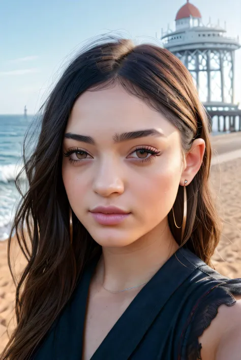 ((Selfie:1.1)), (raw:1.1) photo of (Lun4Bl41s301:0.99), a woman as a model, modelshoot style, (extremely detailed CG unity 8k wallpaper), photo of the most beautiful artwork in the world, professional majestic oil painting by Ed Blinkey, Atey Ghailan, Studio Ghibli, by Jeremy Mann, Greg Manchess, Antonio Moro, trending on ArtStation, trending on CGSociety, Intricate, High Detail, Sharp focus, dramatic, photorealistic painting art by midjourney and greg rutkowski, (summer dress:1.2), (standing on  european Beach:1.1), (makeup:1.1), ((ocean in background)), ((brighton pier in background:1.2)), (looking at viewer:1.3), (detailed pupils:1.3), (modern outfit:1.2), (closeup), (stud earrings)