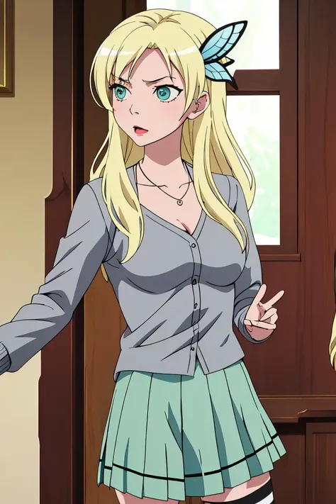 (masterpiece, best quality), 1girl, <lora:sena kashiwazaki s2-lora-nochekaiser:1> sena kashiwazaki, long hair, blonde hair, hair ornament, aqua eyes, butterfly hair ornament, school uniform, cardigan, st. chronica academy school uniform, skirt, green skirt, pleated skirt, || dress, cleavage, jewelry, necklace, downblouse, striped, collarbone, (grey dress:1.3),