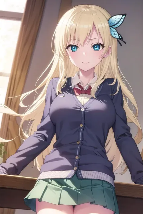 senakashiwazaki, <lora:sena kashiwazaki s2-lora-nochekaiser:1>,
sena kashiwazaki, long hair, blonde hair, hair ornament, aqua eyes, butterfly hair ornament, lips, smile,
BREAK school uniform, cardigan, st. chronica academy school uniform, skirt, green skirt, pleated skirt,
BREAK indoors, classroom,
BREAK looking at viewer, (cowboy shot:1.5),
BREAK <lyco:GoodHands-beta2:1>, (masterpiece:1.2), best quality, high resolution, unity 8k wallpaper, (illustration:0.8), (beautiful detailed eyes:1.6), extremely detailed face, perfect lighting, extremely detailed CG, (perfect hands, perfect anatomy),