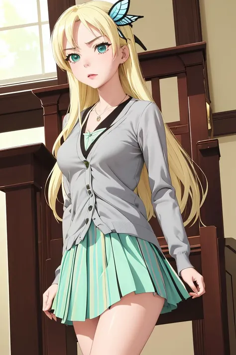 (masterpiece, best quality), 1girl, <lora:sena kashiwazaki s2-lora-nochekaiser:1> sena kashiwazaki, long hair, blonde hair, hair ornament, aqua eyes, butterfly hair ornament, school uniform, cardigan, st. chronica academy school uniform, skirt, green skirt, pleated skirt, || dress, cleavage, jewelry, necklace, downblouse, striped, collarbone, (grey dress:1.3),