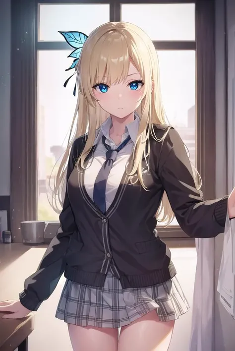 senakashiwazaki, <lora:sena kashiwazaki-lora-nochekaiser:1>,
sena kashiwazaki, blonde hair, butterfly hair ornament, hair ornament, long hair,
BREAK cardigan, checkered clothes, checkered skirt, jacket, long sleeves, necktie, school uniform, shirt, skirt, st. chronica academy school uniform
BREAK indoors, classroom,
BREAK looking at viewer, (cowboy shot:1.5),
BREAK <lyco:GoodHands-beta2:1>, (masterpiece:1.2), best quality, high resolution, unity 8k wallpaper, (illustration:0.8), (beautiful detailed eyes:1.6), extremely detailed face, perfect lighting, extremely detailed CG, (perfect hands, perfect anatomy),