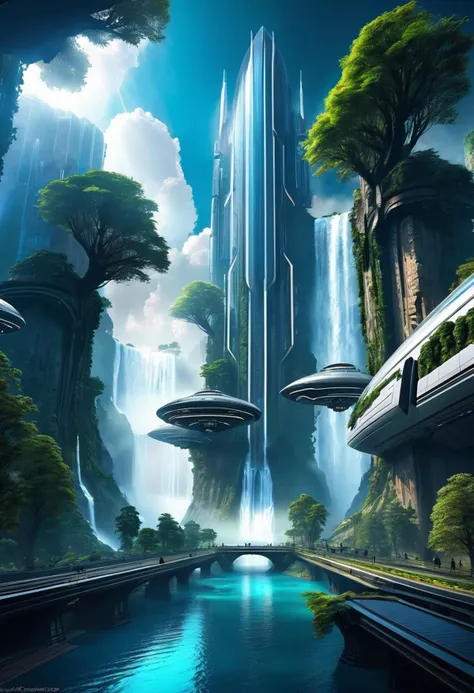 ((ziov)) ziov++ scifi city scene, futuristic buildings, robot giants, trees, spaceships, waterfalls, fantasy art, cinematic, dramatic, nebula sky