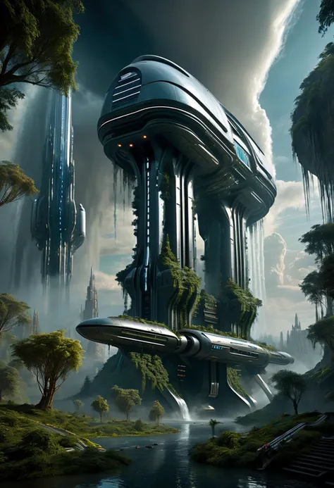 ((ziov)) scifi sky city scene, futuristic buildings, robot giant, trees, forests, spaceships, waterfalls, cloudy skies dark, fantasy art, cinematic, dramatic, nebula sky