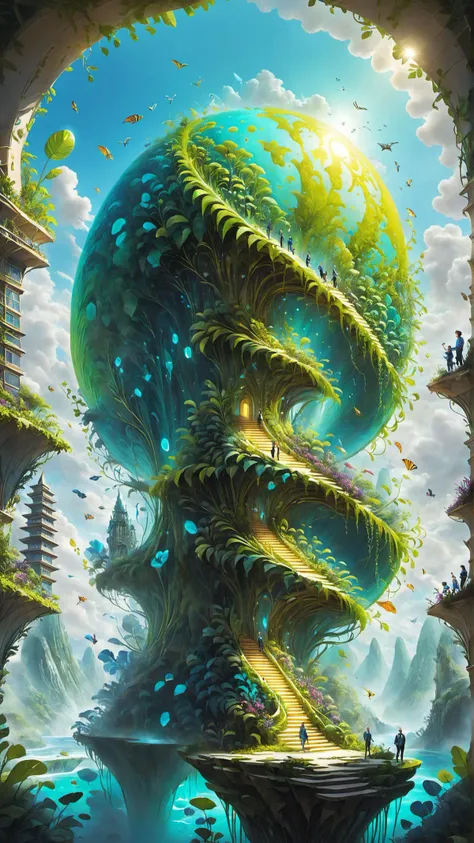 artwork that seamlessly blends vivid elements of nature with futuristic technology, creating a mesmerizing depiction of a sustainable and harmonious world. The artwork should evoke a sense of wonder and optimism, inviting viewers to contemplate the delicate balance between humanity, the environment, and technological progress., 