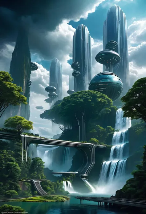 ((ziov)) ziov++ scifi city scene, futuristic buildings, robot giant, trees, spaceships, waterfalls, cloudy skies dark, fantasy art, cinematic, dramatic, nebula sky