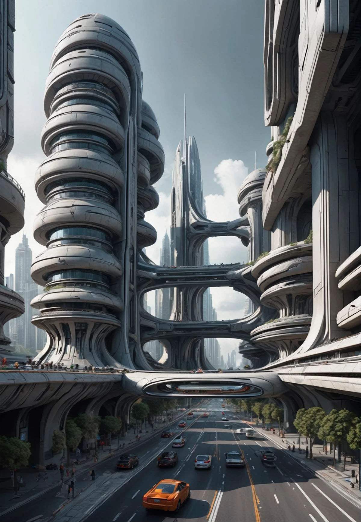 Breathtaking shot monolithic structure, futuristic, scifi, highly detailed, photorealistic, dynamic angle, intricate detail, hyper-realistic, bustling streets, busy highways