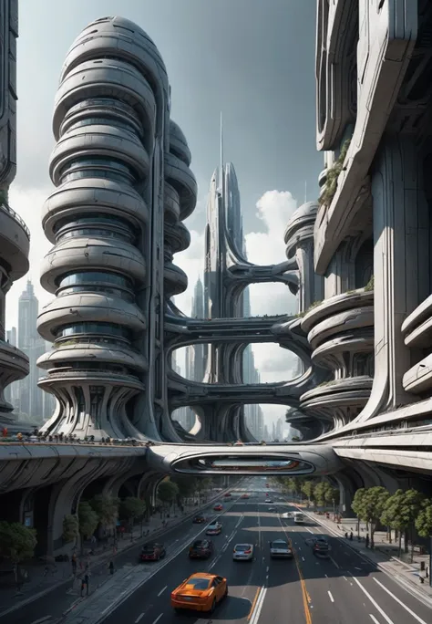 Breathtaking shot monolithic structure, futuristic, scifi, highly detailed, photorealistic, dynamic angle, intricate detail, hyper-realistic, bustling streets, busy highways