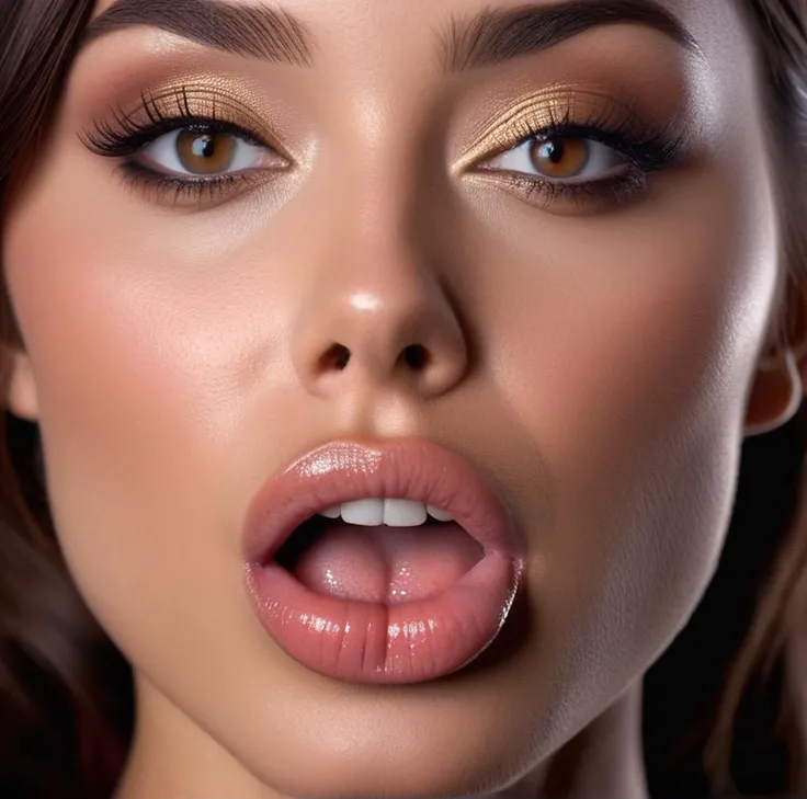 brunette, woman, cute, young, high quality, photorealistic, realistic human <lora:epicrealism_naturalSinRC1VAE:1>, strong jaw , big Cheekbone, , ambar eyes, hyperdetailed photography, soft light, ultra high res , adding mystery and sensuality, kiss, tongue out, mouth open , from above,, <lora:POV_KISS:1>