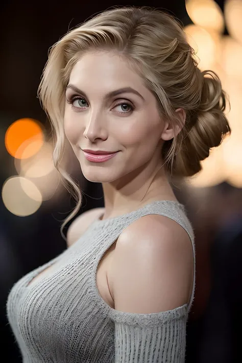 photo of beautiful (elm1tchell:0.99), a woman as a movie star, hair upsweep updo, sweater off-shoulders, trousers, at a movie premiere gala, dark moody ambience (masterpiece:1.2) (photorealistic:1.2) (bokeh) (best quality) (detailed skin:1.2) (intricate details) (nighttime) (8k) (HDR) (cinematic lighting) (sharp focus), (looking at the camera:1.1), (closeup portrait:1.1), (smile512)