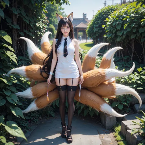 <lora:jiuwei_08:0.8>,(multiple tails:1.2),super high resolution,best quality,4k,jiuwei,1girl,fox ears,fox tail,smile,stand full body,long hair,black hair,