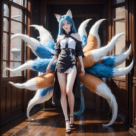 <lora:jiuwei_08:0.8>,(multiple tails:1.2),super high resolution,best quality,4k,jiuwei,1girl,fox ears,fox tail,smile,stand full body,long hair,blue hair,