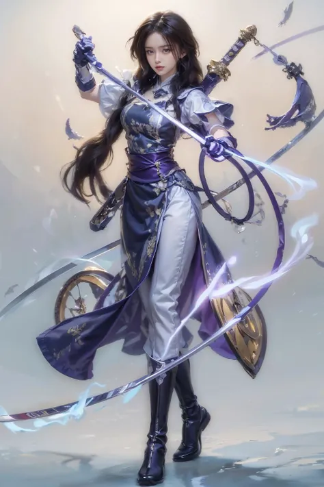 <lora:lin08:0.7>,(face lighting:0.8),bright backlight,medium breasts,super high resolution,best quality,Photos,4k,(Realistic:1.2),lin,1girl,1girl,solo,weapon,sword,long hair,white background,black hair,looking at viewer,dress,simple background,weapon on back,sheathed,purple dress,brown eyes,short sleeves,lips,sheath,