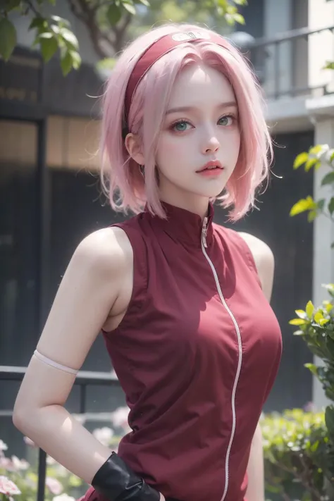 <lora:xiaoyin-6:0.8>,(face lighting:0.8),bright backlight,medium breasts,super high resolution,best quality,Photos,4k,(Realistic:1.2),xiaoyin,1girl,pink hair,short hair,green eyes,hairband,gloves,looking at viewer,sleeveless,shorts,