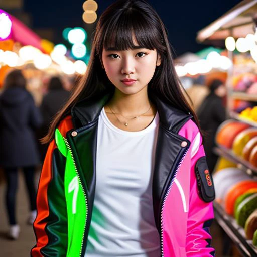 Night market, neon jacket,
19-year-old woman, open front of coat