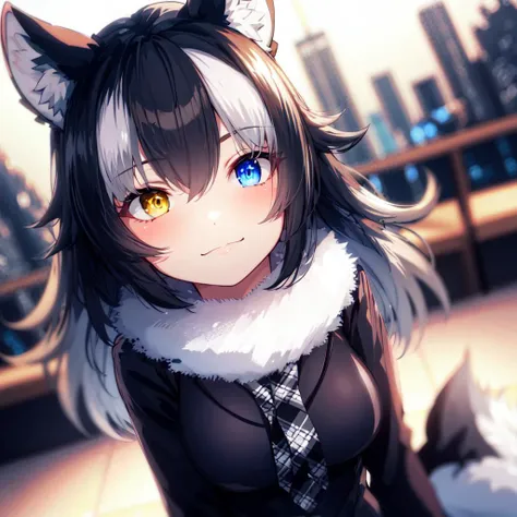 (masterpiece, best quality, high resolution, distinct image), cinematic lights, 1girl, grey wolf \(kemono friends\), heterochromia, wolf ears, blue eye on left eye, long hair, multicolored hair, black hair, wolf tail, yellow eye on right eye, looking at viewer, coat, <lora:grey wolf2:0.7>, coffee, city