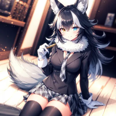 (masterpiece, best quality, high resolution, distinct image),  cinematic lights, 1girl, grey wolf \(kemono friends\), fur collar, heterochromia, wolf ears, blue eye on left eye, long hair, multicolored hair, black hair, wolf tail, necktie, yellow eye on right eye, looking at viewer, white gloves, black thighhighs, <lora:grey wolf2:0.7>, holding pen, writing, sitting,