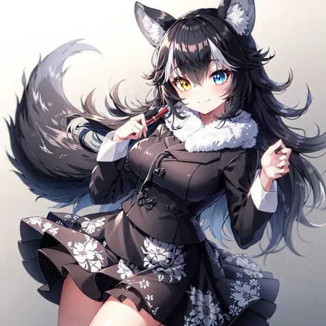 (masterpiece, best quality, high resolution, distinct image), cinematic lights, 1girl, grey wolf \(kemono friends\), heterochromia, wolf ears, blue eye on left eye, long hair, multicolored hair, black hair, wolf tail, yellow eye on right eye, looking at viewer, (long coat:1.2), floral print, hanbok, korean clothes, <lora:hanboka-000003:0.8>, <lora:grey wolf2:0.6>