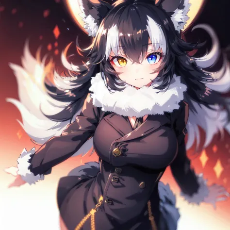 (masterpiece, best quality, high resolution, distinct image), cinematic lights, 1girl, grey wolf \(kemono friends\), heterochromia, wolf ears, blue eye on left eye, long hair, multicolored hair, black hair, wolf tail, yellow eye on right eye, looking at viewer, (long coat:1.2), beige coat, <lora:grey wolf2:0.6>