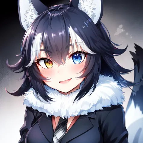 (masterpiece, best quality, high resolution, distinct image), cinematic lights, 1girl, grey wolf \(kemono friends\), heterochromia, wolf ears, blue eye on left eye, long hair, multicolored hair, black hair, wolf tail, yellow eye on right eye, looking at viewer, <lora:grey wolf:0.6>, coat,