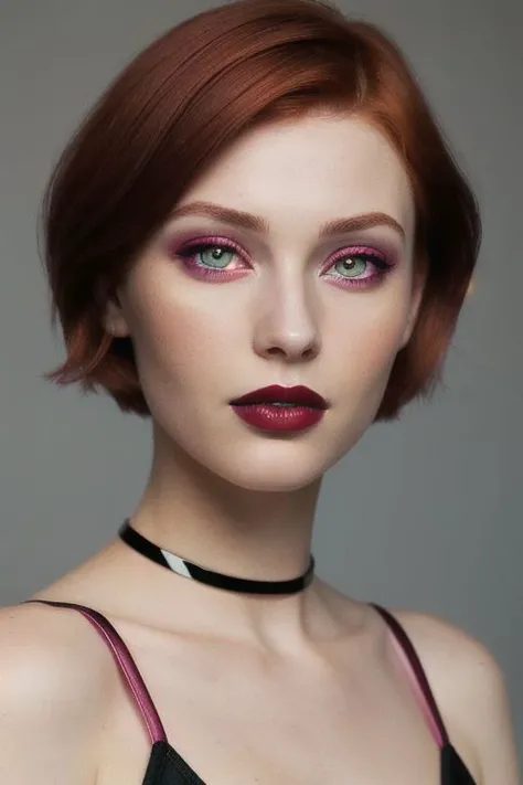 Tim Burton Character, pale girl, shoulder-length hair, disheveled and redhead, honey eyes and purple lips, a little blush on her cheeks, wearing a burgundy strapless dress and a gold heart necklace, she applying lipstick