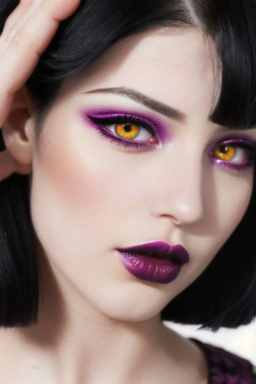 A close up of a beautiful woman with black hair and glossy magenta lipstick, in a digital art style, with pale skin, long eyelash, detailed eyebrok, beautiful eyes, high detail, high resolution, photorealistic,