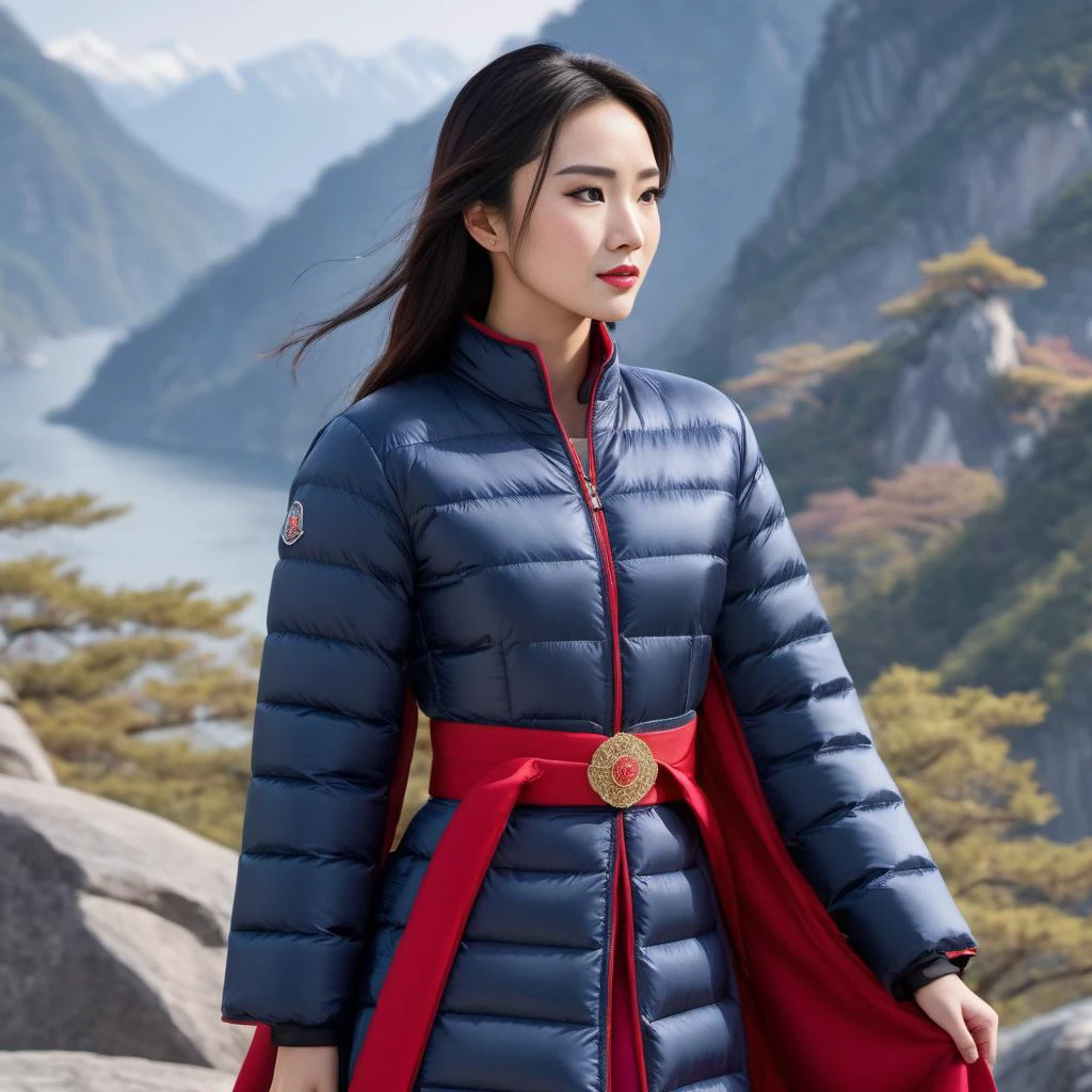 ((princess mulan in princess dress costume)) wearing a long knee length moncler_hermine jacket , hyperdetailed photography,4k textures,intricate details,4k resolution , <lora:moncler_hermine_v1_r2-000007:0.3>,