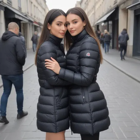 (hugging each other: 1.5), two cute woman wearing a long black knee length moncler_hermine jacket in a street, hyperdetailed photography,4k textures,intricate details,4k resolution , <lora:moncler_hermine_v1_r2-000007:0.1> <lora:add-detail-xl:1>